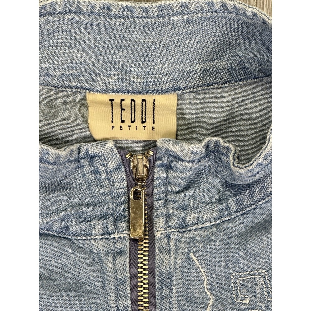 VINTAGE TEDDI Denim Full Zip Floral Embroidered Jean Jacket M/L - Picture 2 of 6